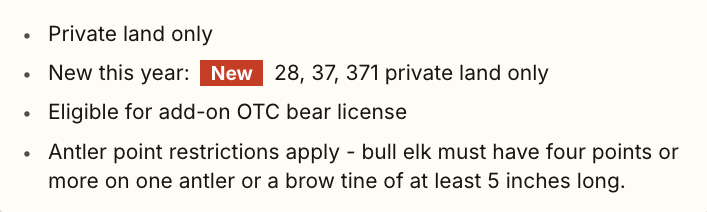 Comprehensive hunt notes with regulations and license details.